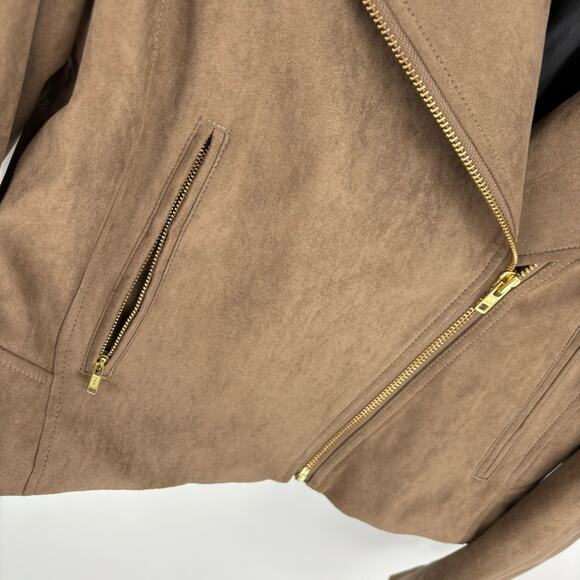 J. Crew Faux Suede Moto Jacket Size Medium Tan Gold Hardware Zipper Pockets - Picture 7 of 13